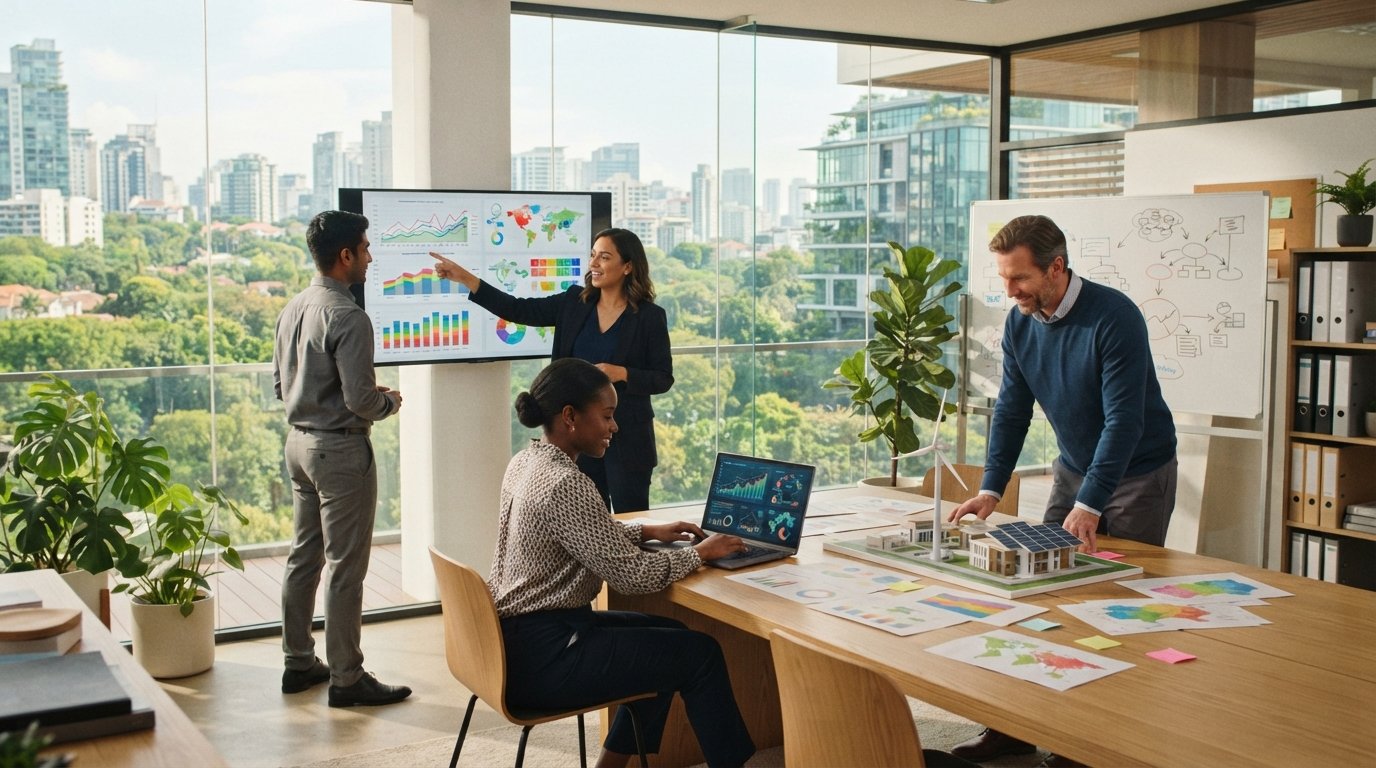 Diverse team of sustainability specialists analyzing emissions data on a laptop, reviewing a wind turbine model and solar…