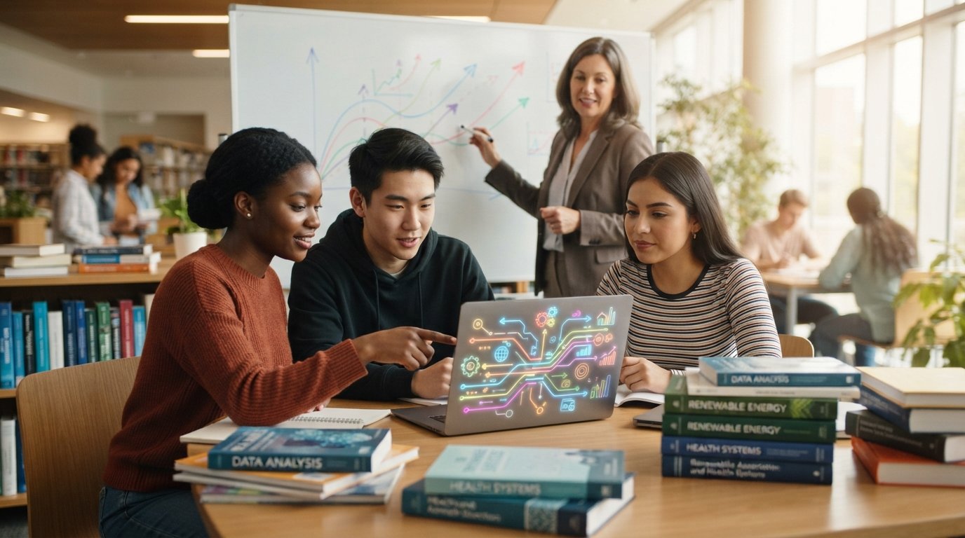 Three college students and a career counselor examine a laptop chart and projected growth graphs in a bright university…