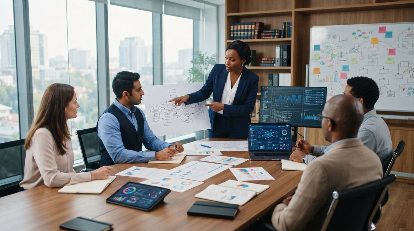 Attorney in navy suit points at a flowchart linking regulatory statutes to breach response steps while colleagues review…