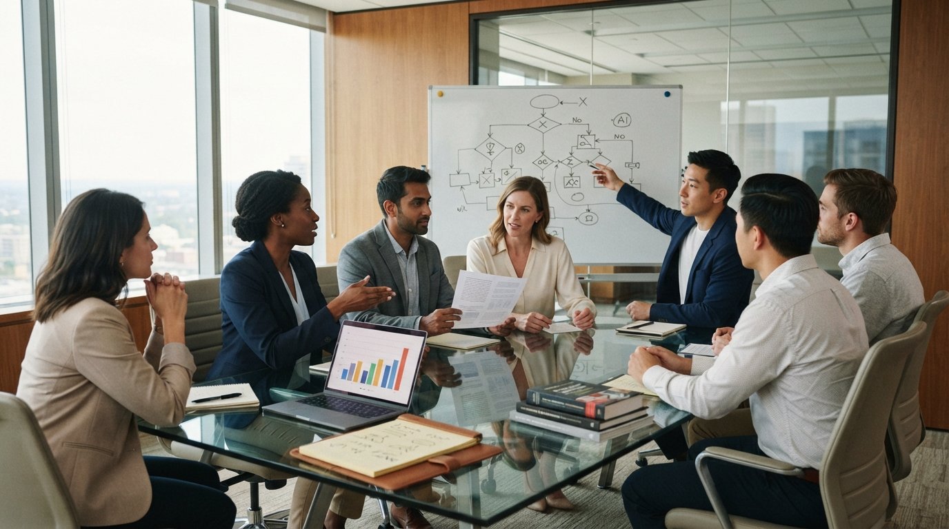 Diverse professionals in business attire discuss an AI decision-tree flowchart and data governance policy around a…