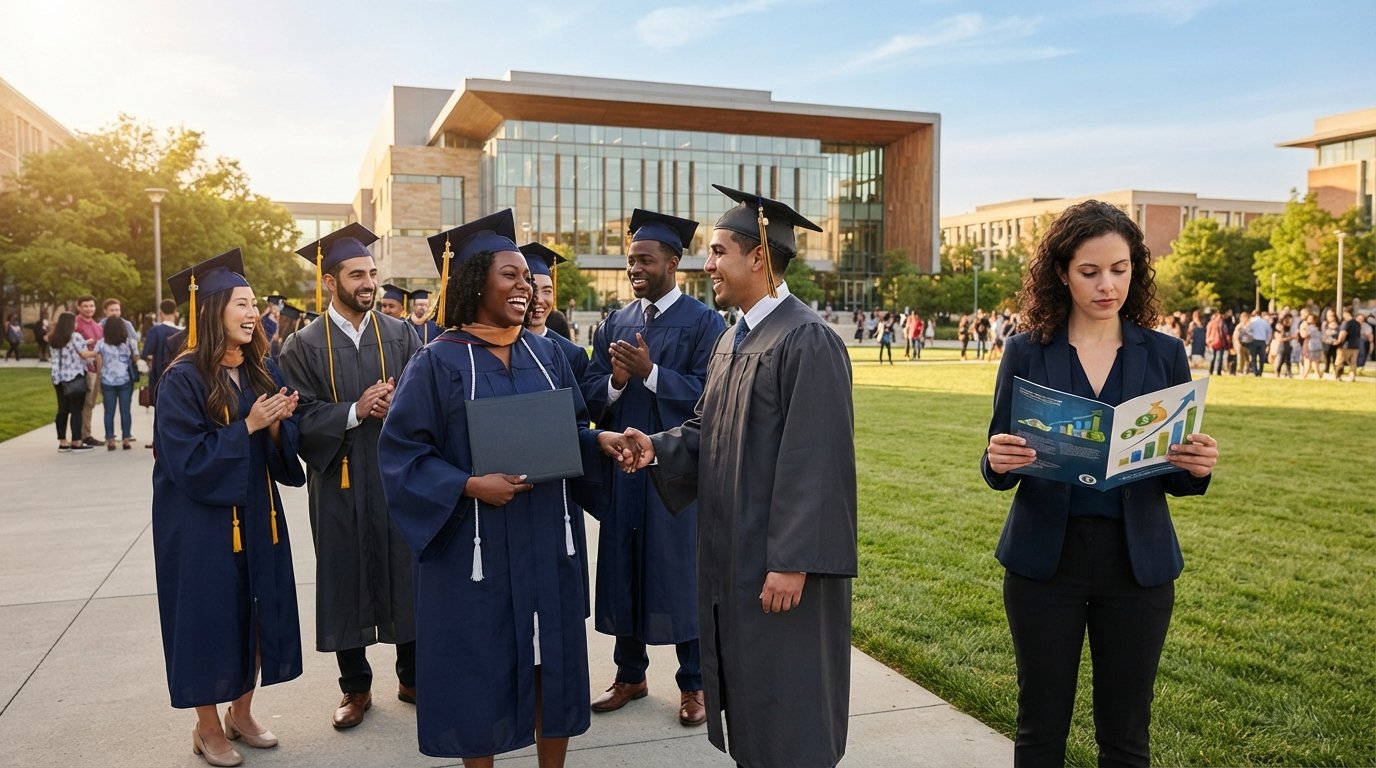 Adult graduates in navy and charcoal gowns celebrate on a sunlit campus lawn, one holding a diploma cover, with a library…