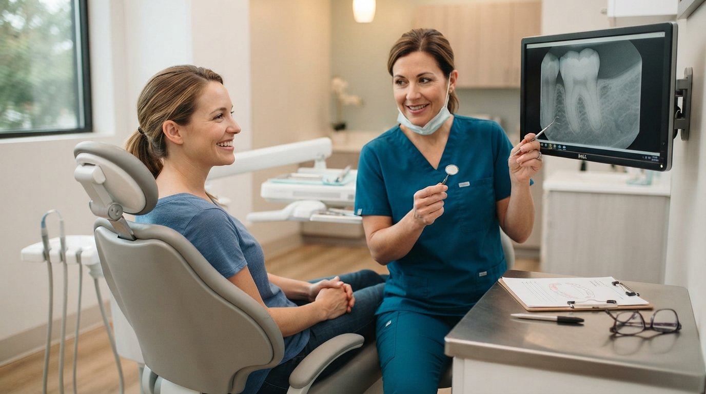 Dentist in teal scrubs shows a smiling patient a digital X-ray of a healthy molar while eyeglasses rest on the counter