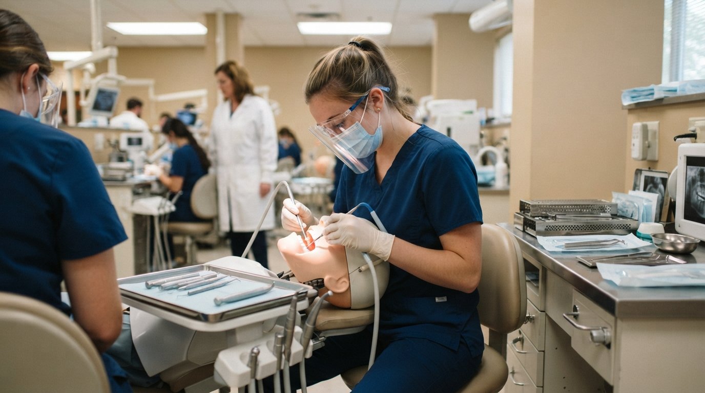 Dental assisting student in blue scrubs and mask practices four-handed dentistry on a mannequin in a training clinic