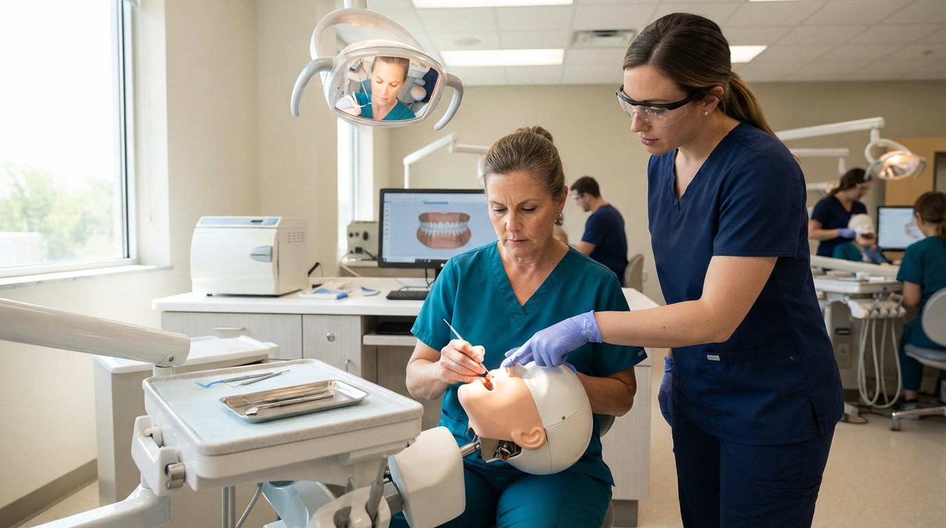 Adult dental assisting student in teal scrubs practices on a dental mannequin while an instructor in navy blue observes and…