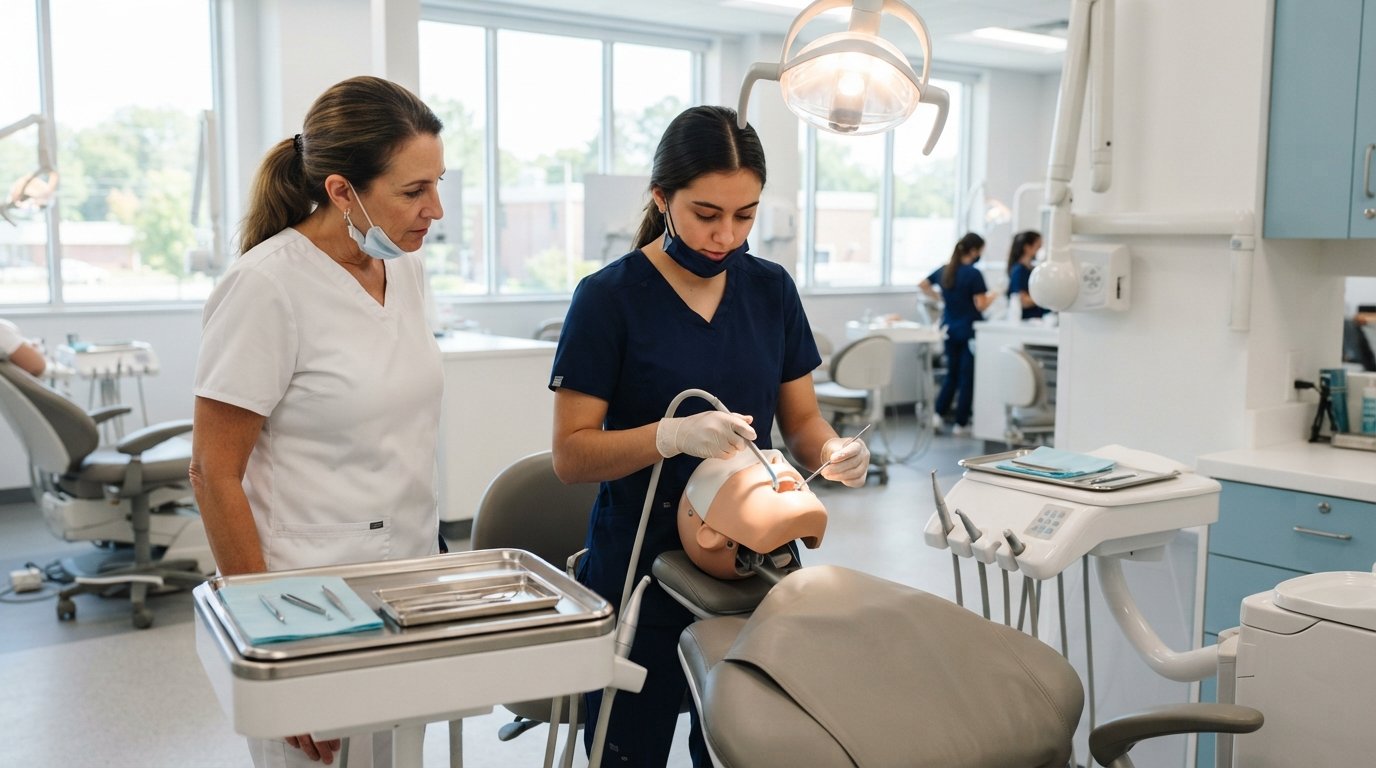 Dental assisting student in navy scrubs positions a suction tool beside a dental mannequin while an instructor watches in a…
