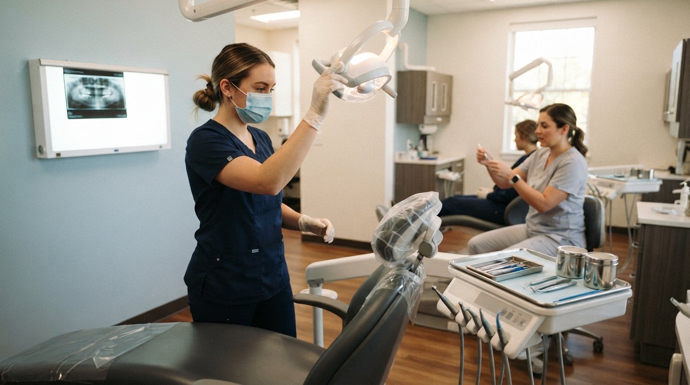 Dental assisting student in navy scrubs and mask adjusts overhead exam light beside a dental chair, instrument tray, and…