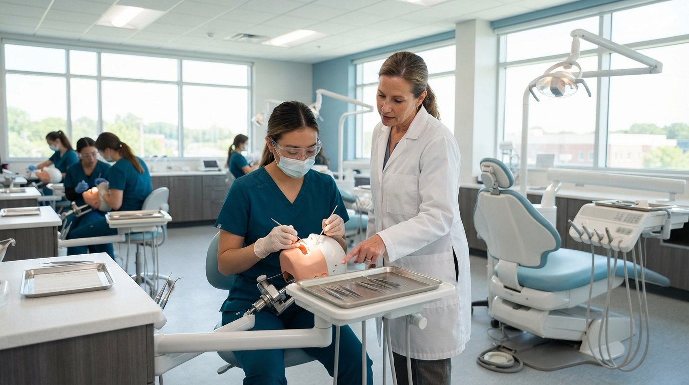 Student in teal scrubs and safety glasses practices on a dental mannequin while an instructor points to instruments in a…