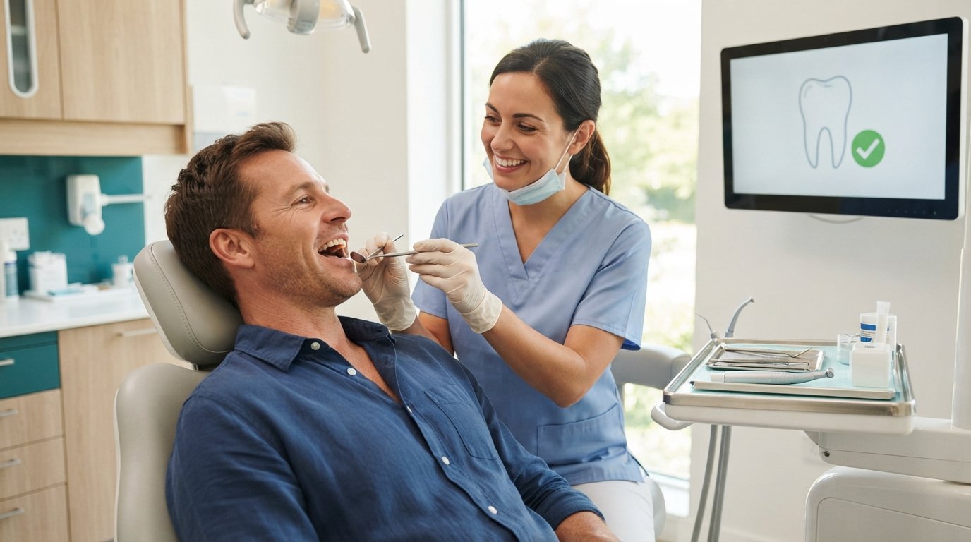 Female dentist in light-blue scrubs examines a smiling male patient in a modern dental office, while a wall monitor shows a…