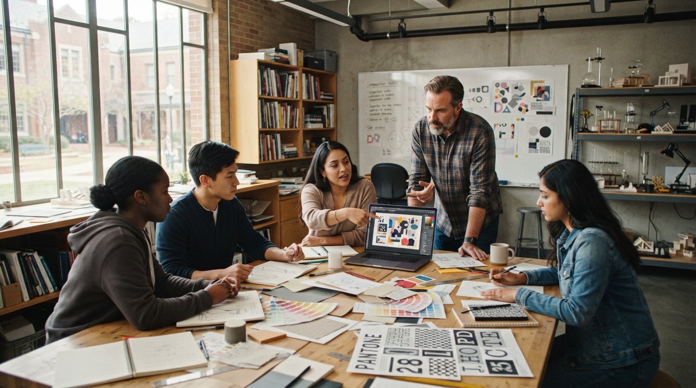 Adult students review color swatches and sketches around a studio table as an instructor points to a layout on a monitor