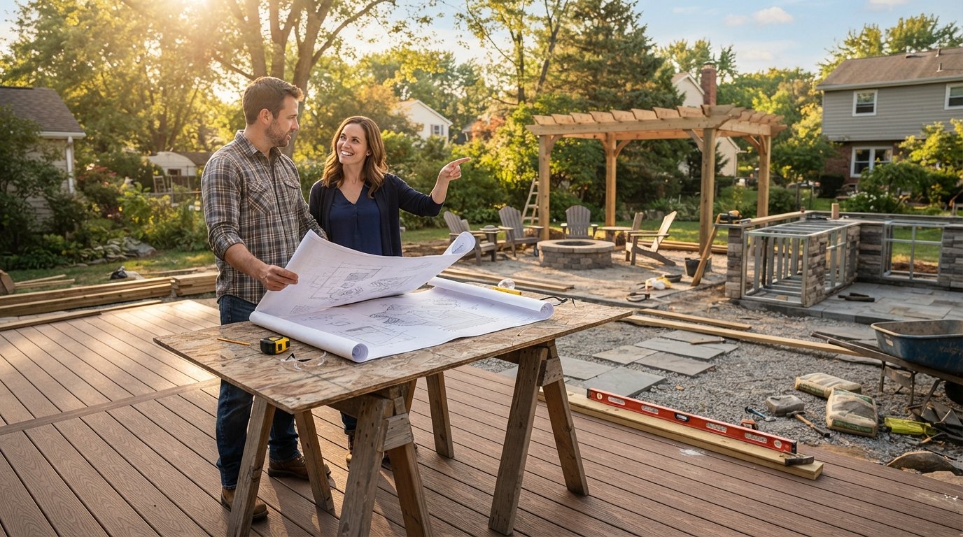 Couple reviewing a blueprint on a sawhorse table atop an unfinished composite deck, pointing toward a planned stone patio…