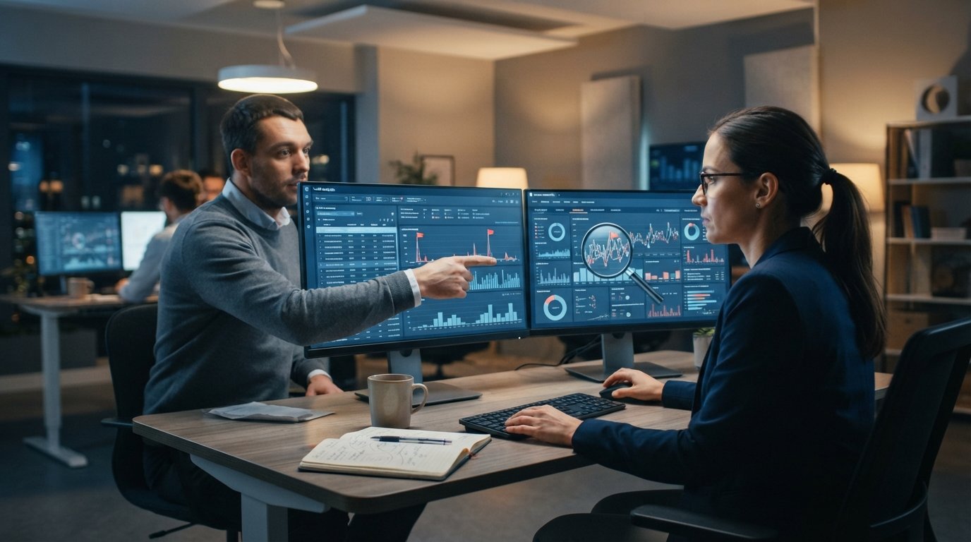 Two analysts in a modern office study large monitors showing traffic analytics charts, lead form entries, and a magnifying…