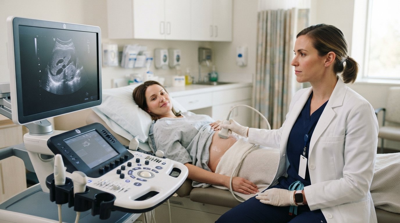 Sonographer in navy scrubs and white lab coat holding an ultrasound transducer on a patient's abdomen in a bright imaging…