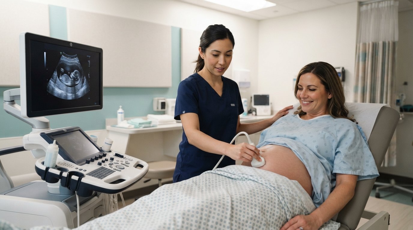Sonographer in navy scrubs performs an abdominal ultrasound on a smiling middle-aged woman in a bright medical suite