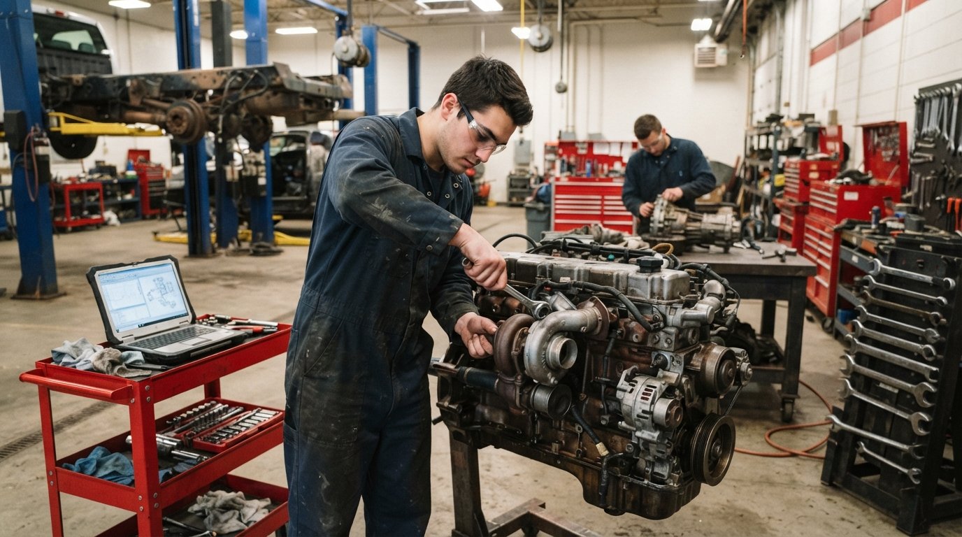 Student in navy coveralls and safety glasses tightening a wrench on a diesel turbocharger beside a diagnostic laptop on a…