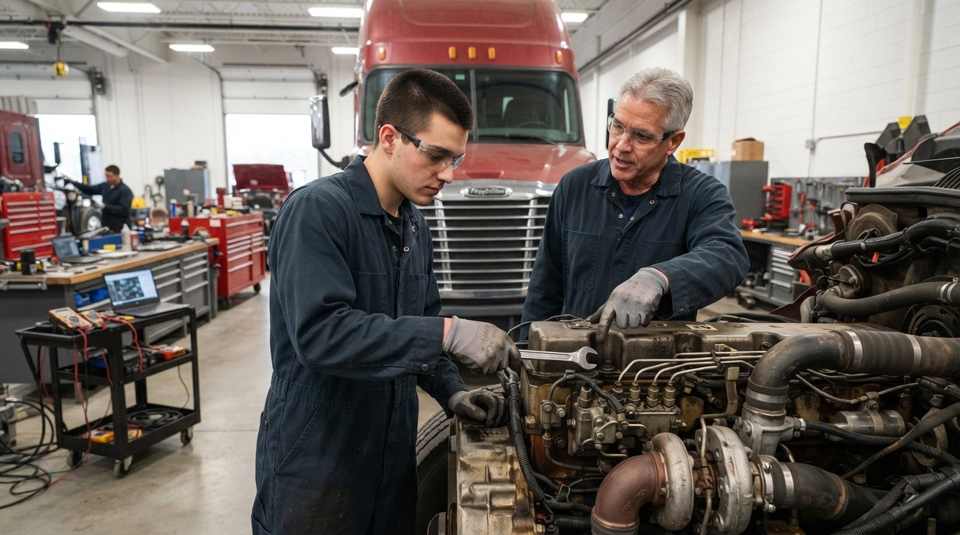 Student in blue coveralls and safety glasses holds a wrench near a semi-truck engine while an instructor points to the fuel…