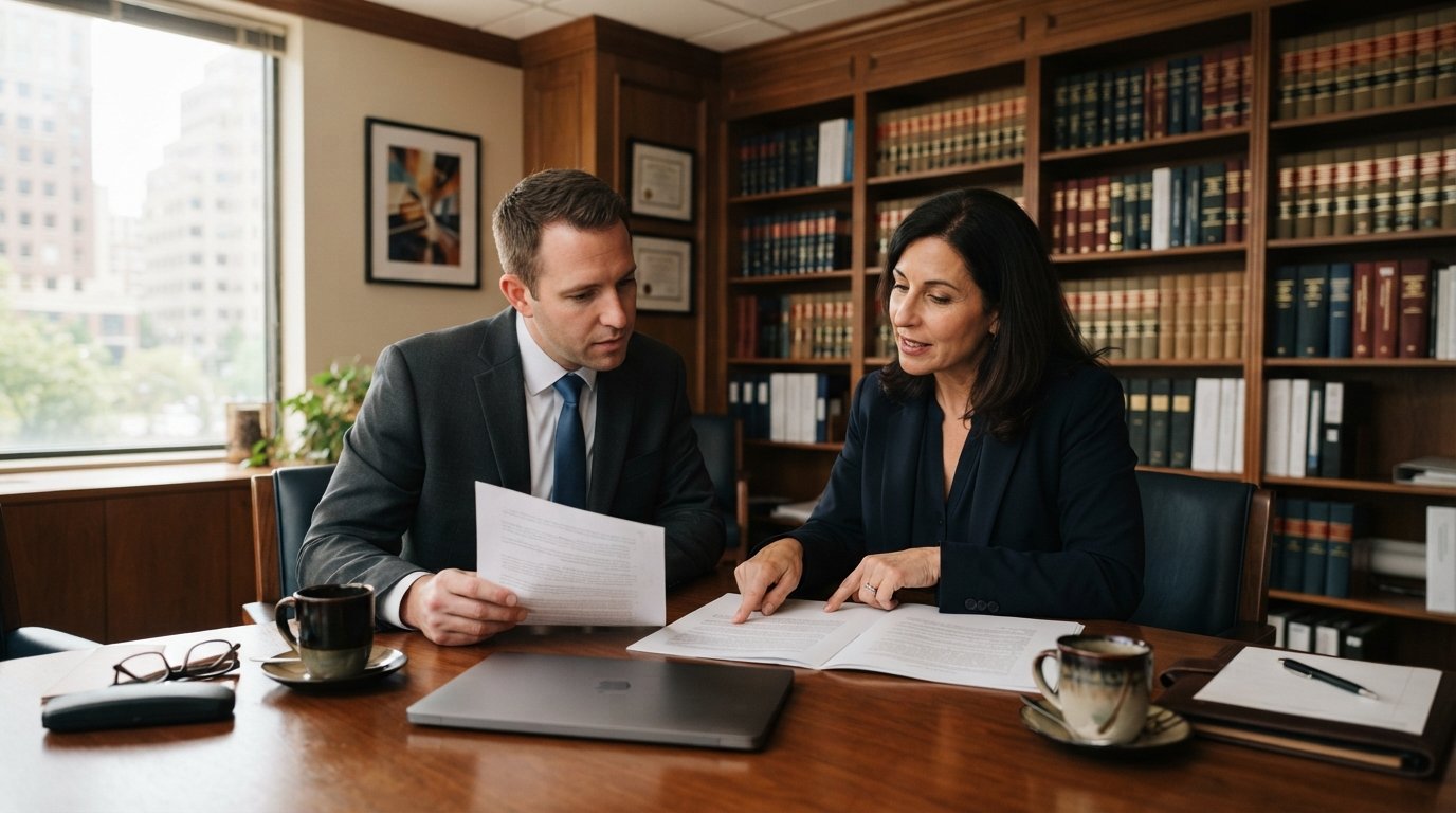 Two people in business attire review legal documents at a conference table in a law office with bookshelves, laptop, and…