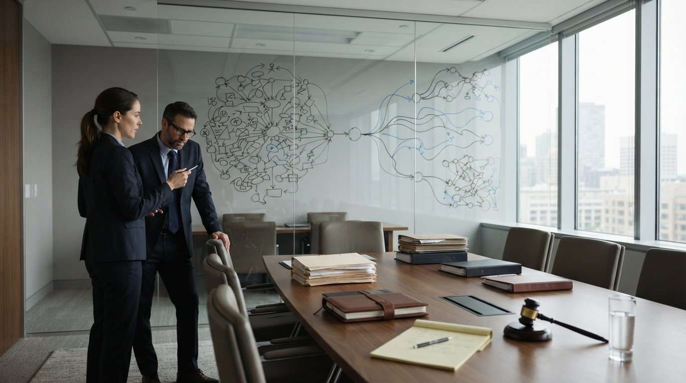 Two attorneys in dark suits studying a flowchart on a glass wall in a conference room, showing one central figure branching…