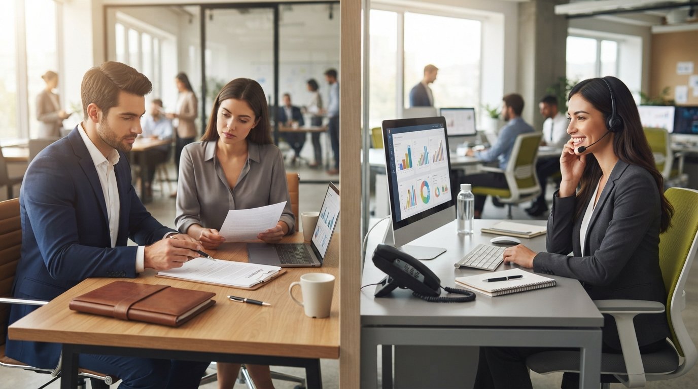 Split image showing a loan officer reviewing closing documents with a client on the left and a headset-wearing customer…
