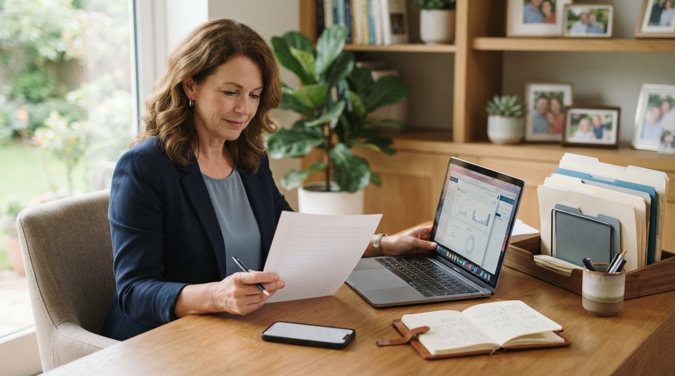 Middle-aged woman in a navy blazer reviews a printed checklist at a wooden desk with a laptop, smartphone, notebook,…