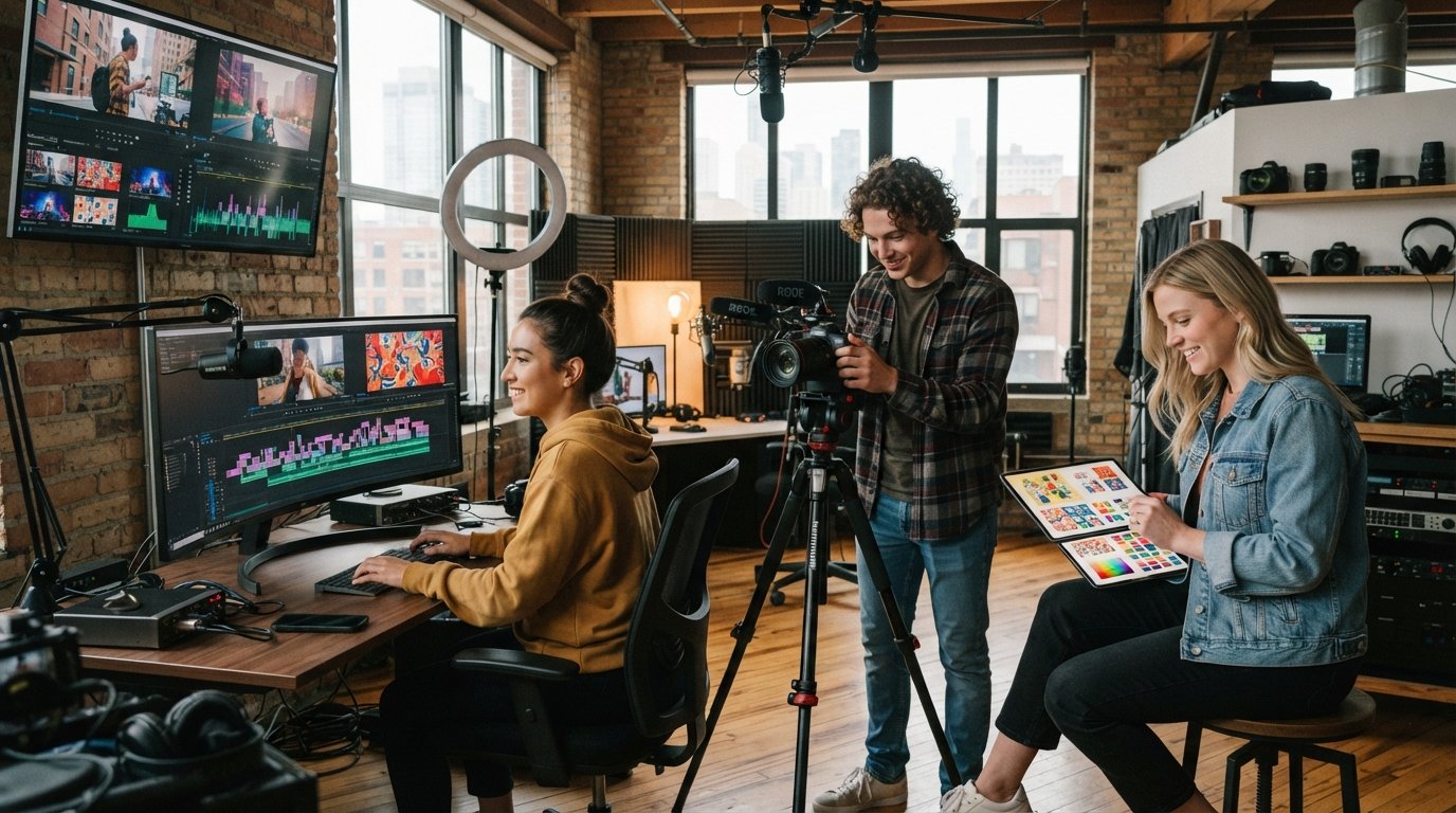 Three students work in a loft studio: one edits video on a desktop monitor, one adjusts a DSLR on a tripod, one reviews…