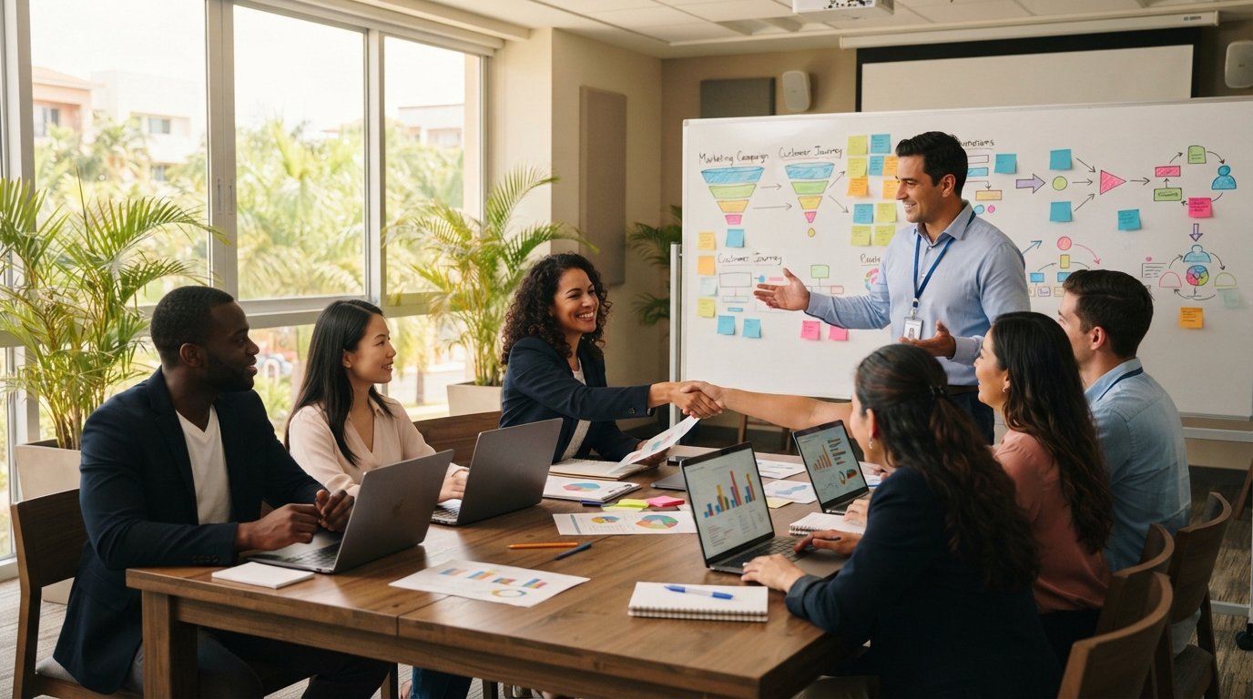 Adult students and instructor reviewing marketing charts and sticky notes around a table in a bright classroom at Caribbean…