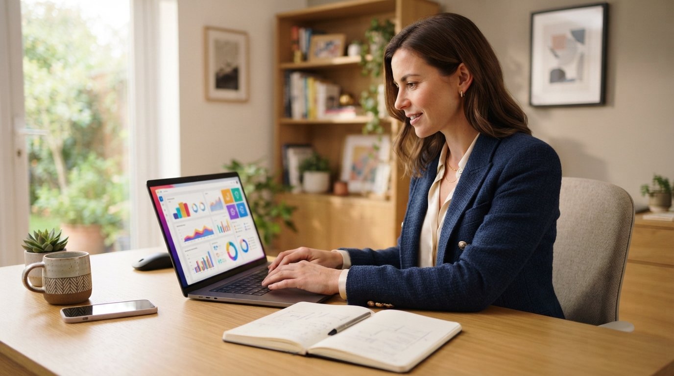 Professional in a blazer typing on a laptop showing colorful analytics dashboards and social media icons at a tidy home…