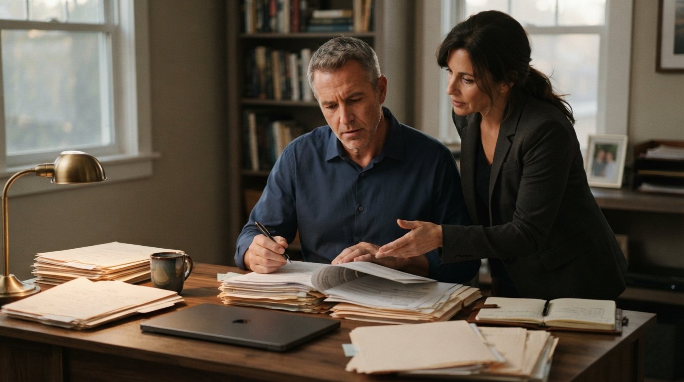 Middle-aged man in a button-down shirt reviewing medical paperwork at a wooden desk while a woman in business attire…