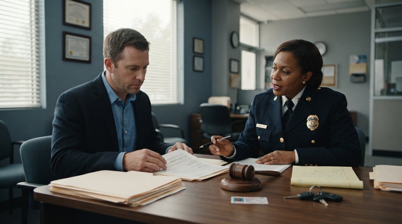 Driver in casual business attire sits at a desk across from a hearing officer in a navy uniform, reviewing documents in a…