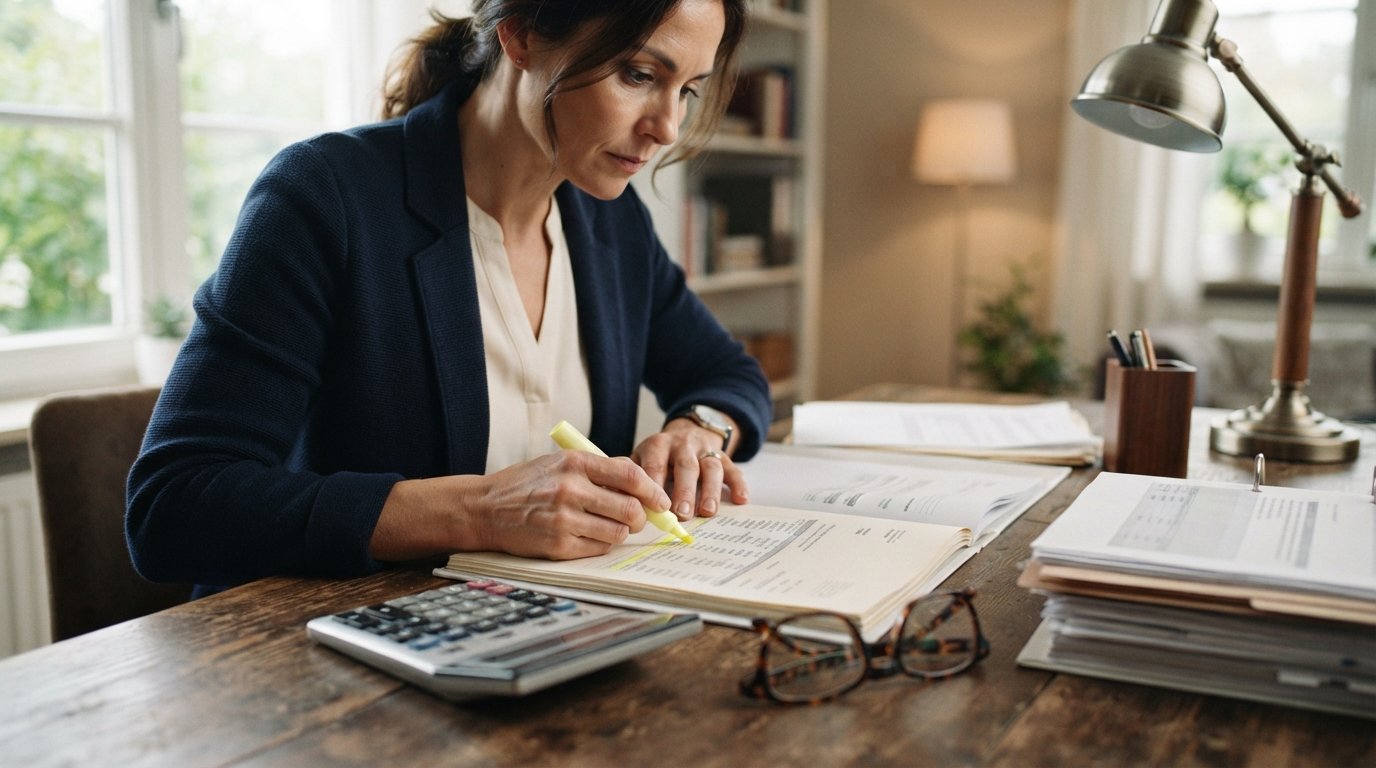 Person at a wooden desk highlighting line items on a detailed legal invoice with a pen, calculator, glasses, and documents…