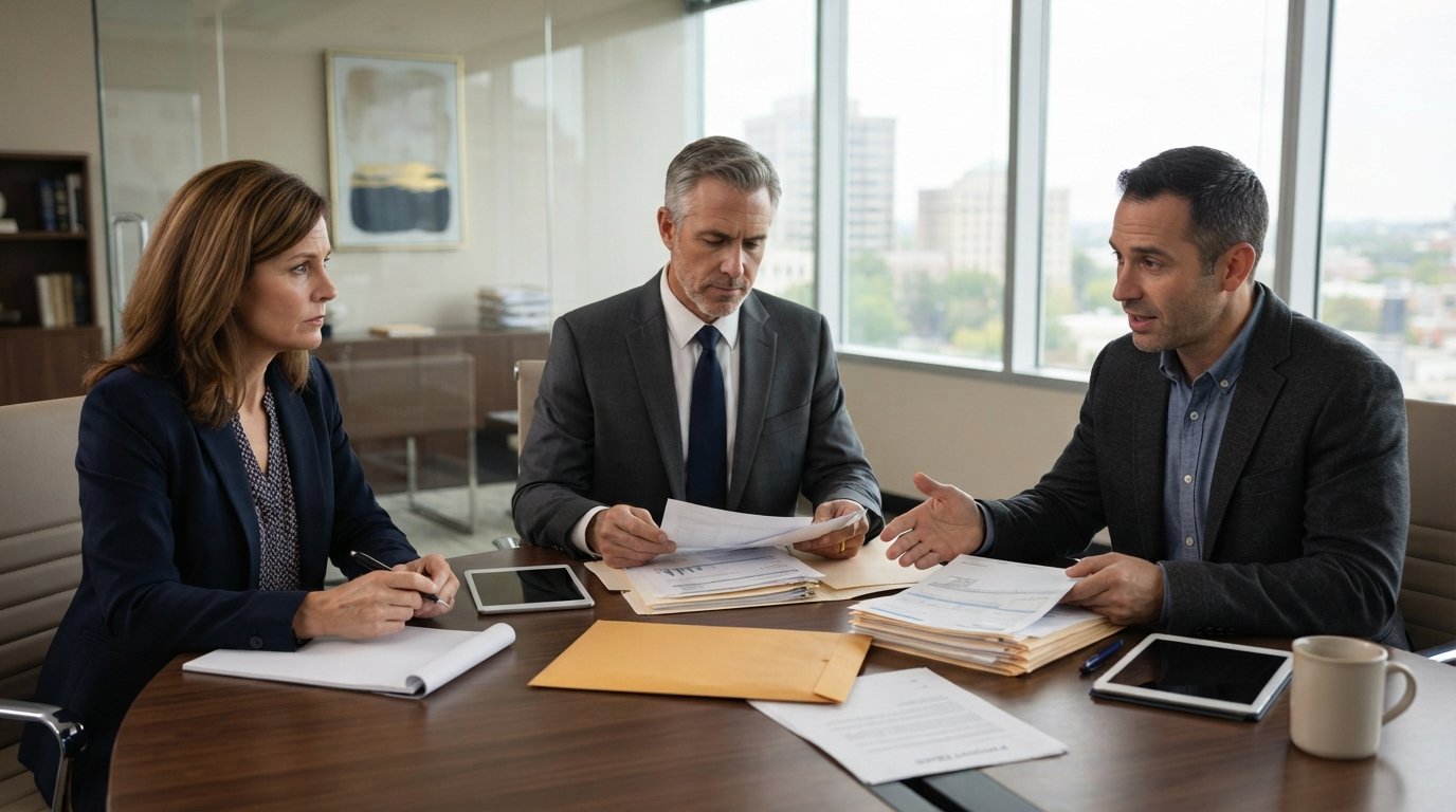 Man and woman at a conference table with a mediator reviewing financial documents, folders, and a house deed