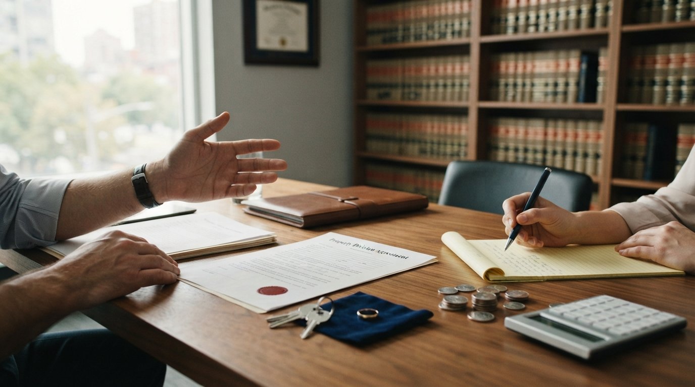 Two pairs of hands at a wooden table with a house deed, calculator, coins, house keys, wedding ring, and legal pad in a law…