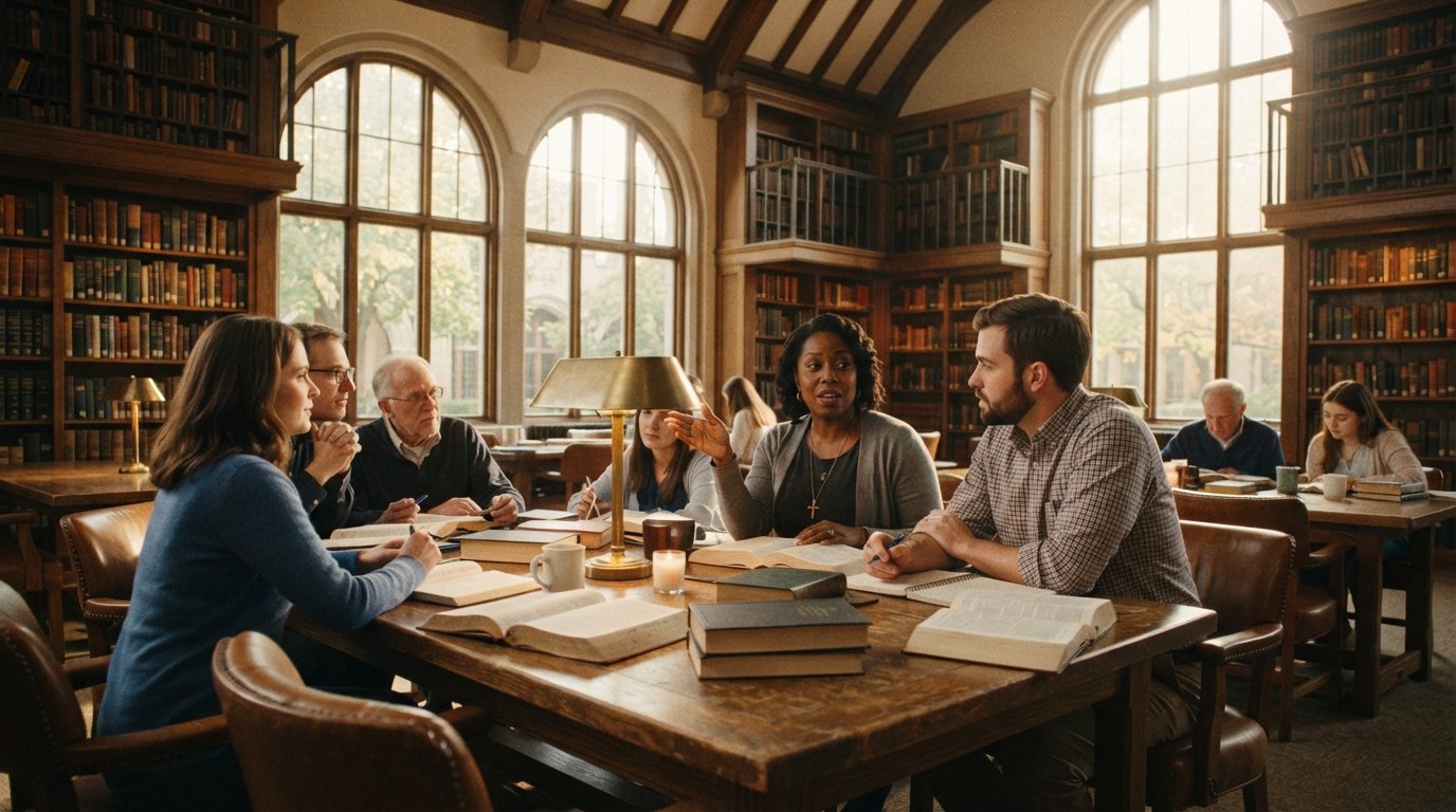 Adult graduate students discuss theological texts around a wooden table in a sunlit seminary library with arched windows…