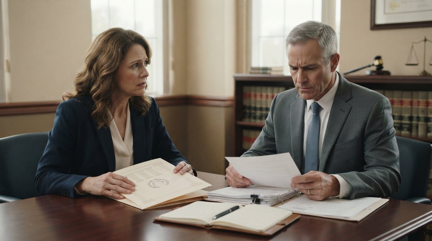 Middle-aged couple sitting at a wooden conference table reviewing legal papers during a divorce consultation in a…