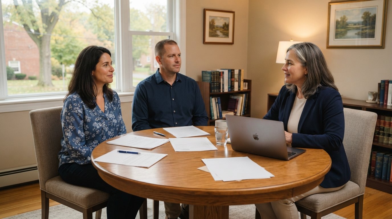 Two adults seated across a round wooden table from a female mediator in a navy blazer, with documents and a laptop in a…