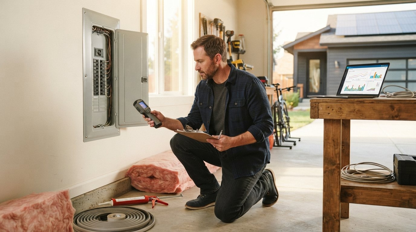 Homeowner kneeling beside a residential electrical panel in a garage, holding a clipboard and thermal leak detector, with a…