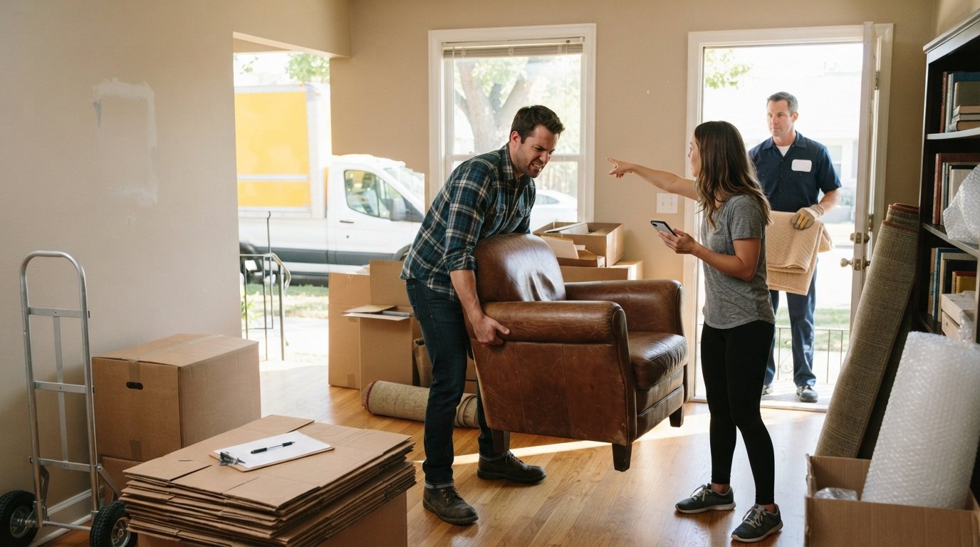Couple lifting a leather armchair beside packed boxes and a hand truck in a sunlit living room