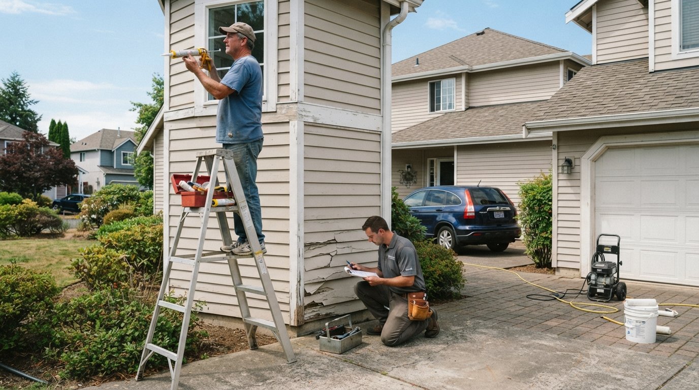 Homeowner on a stepladder caulking a second-story window while a contractor below inspects cracked siding with a clipboard