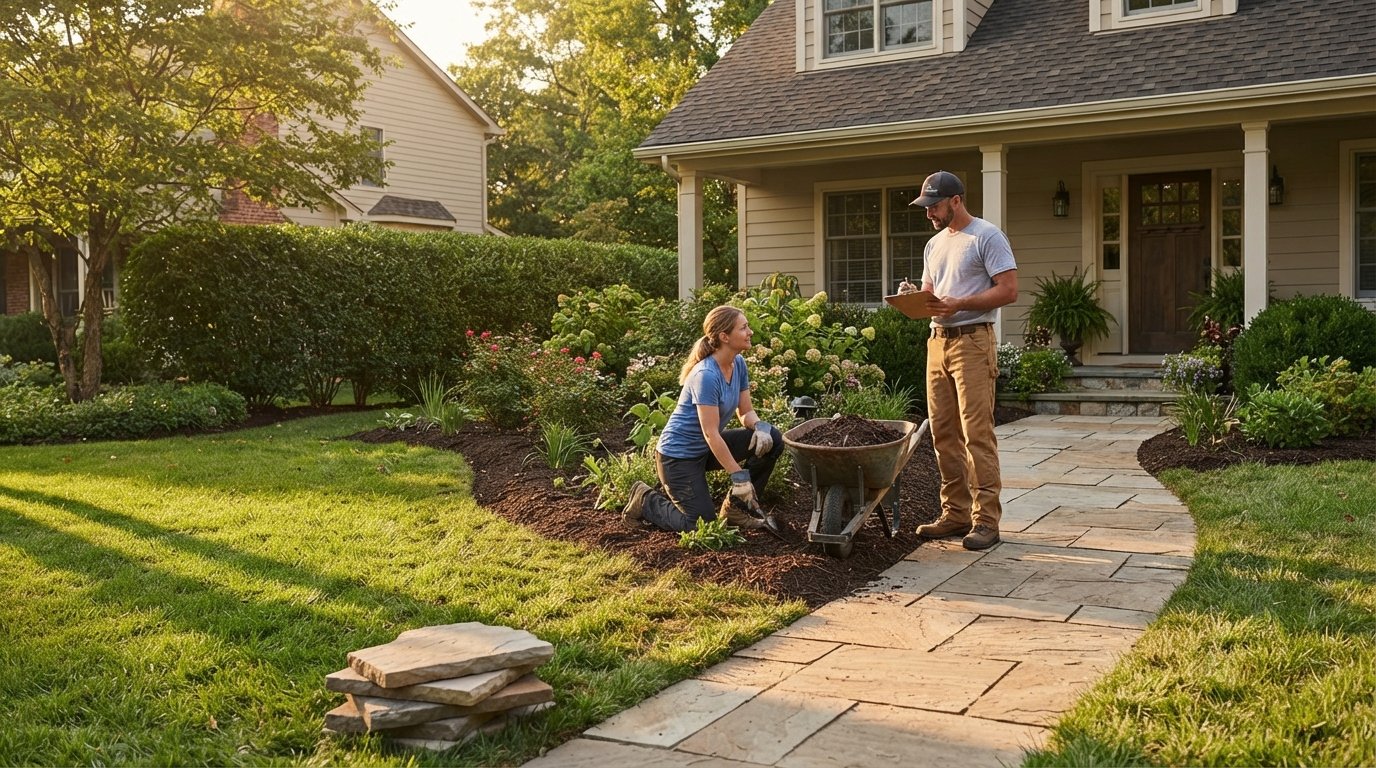 Homeowner kneeling with a hand trowel by a wheelbarrow while a landscaper with a clipboard stands nearby in a mulched front…