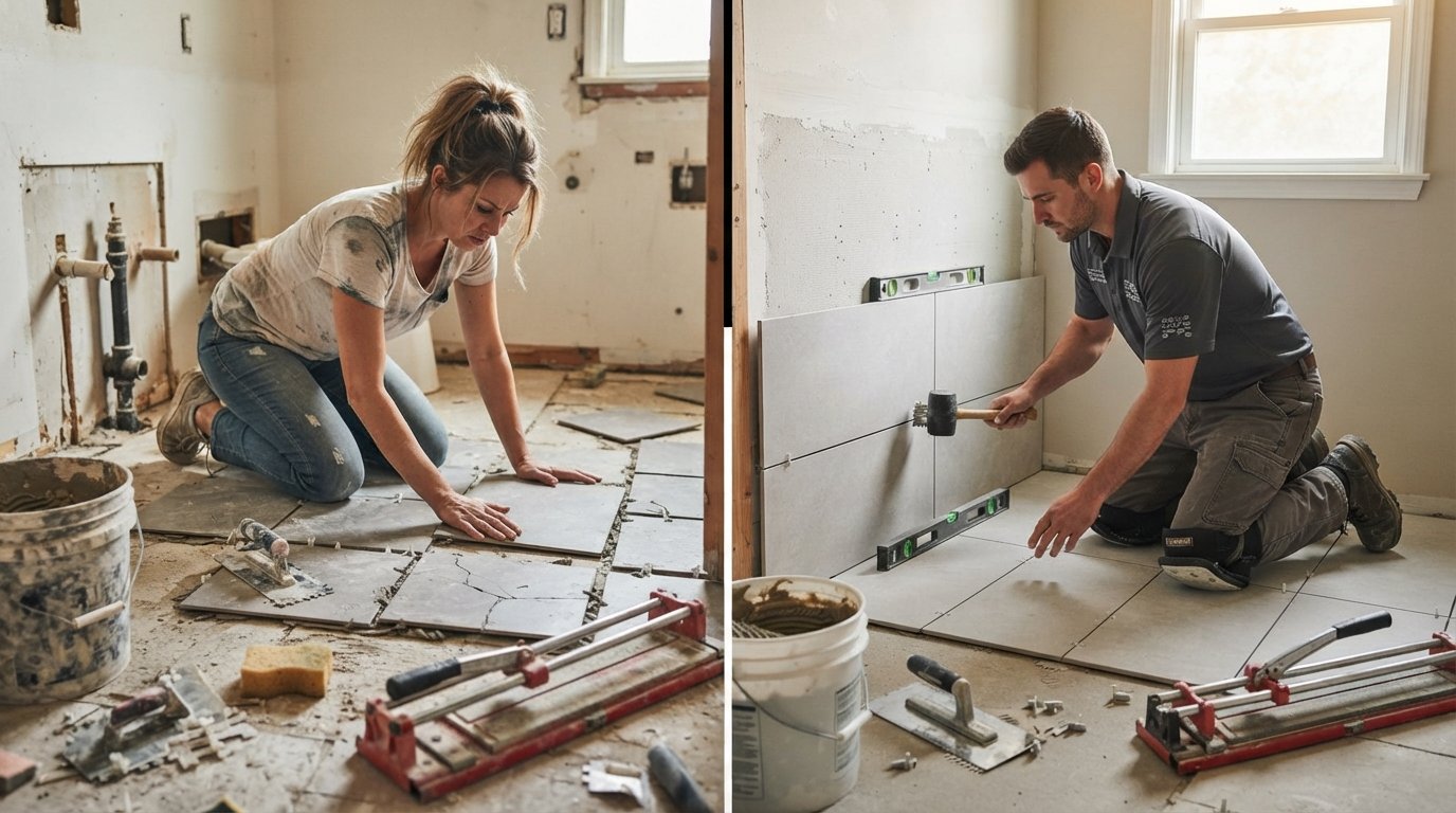 Split bathroom scene: a homeowner kneeling over uneven grout and cracked tiles with tools, beside a contractor in knee pads…