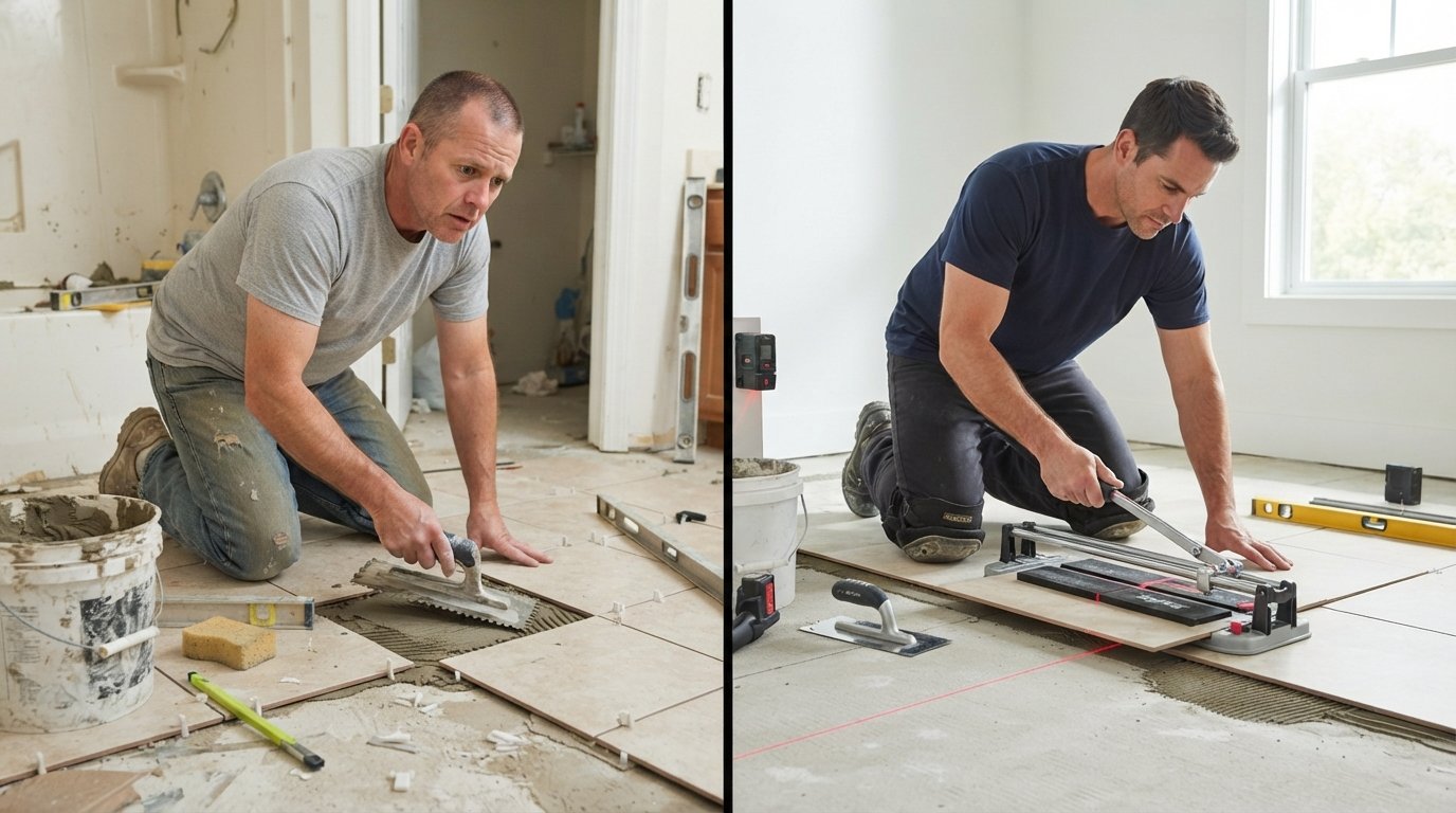 Split view: a man kneels on a half-tiled bathroom floor with a trowel and level, while a contractor in knee pads uses a…