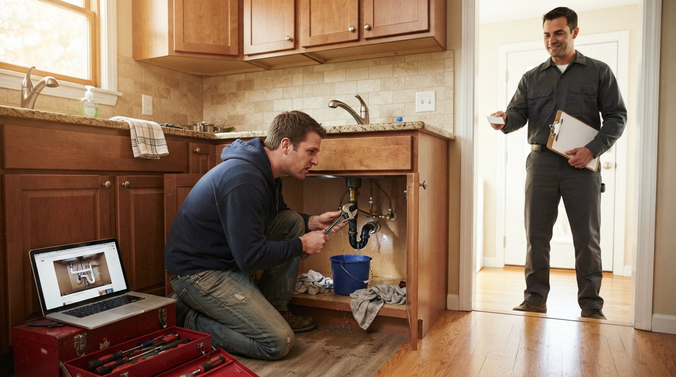 Homeowner kneeling under a kitchen sink with a wrench beside an open laptop tutorial while a contractor in uniform holds a…