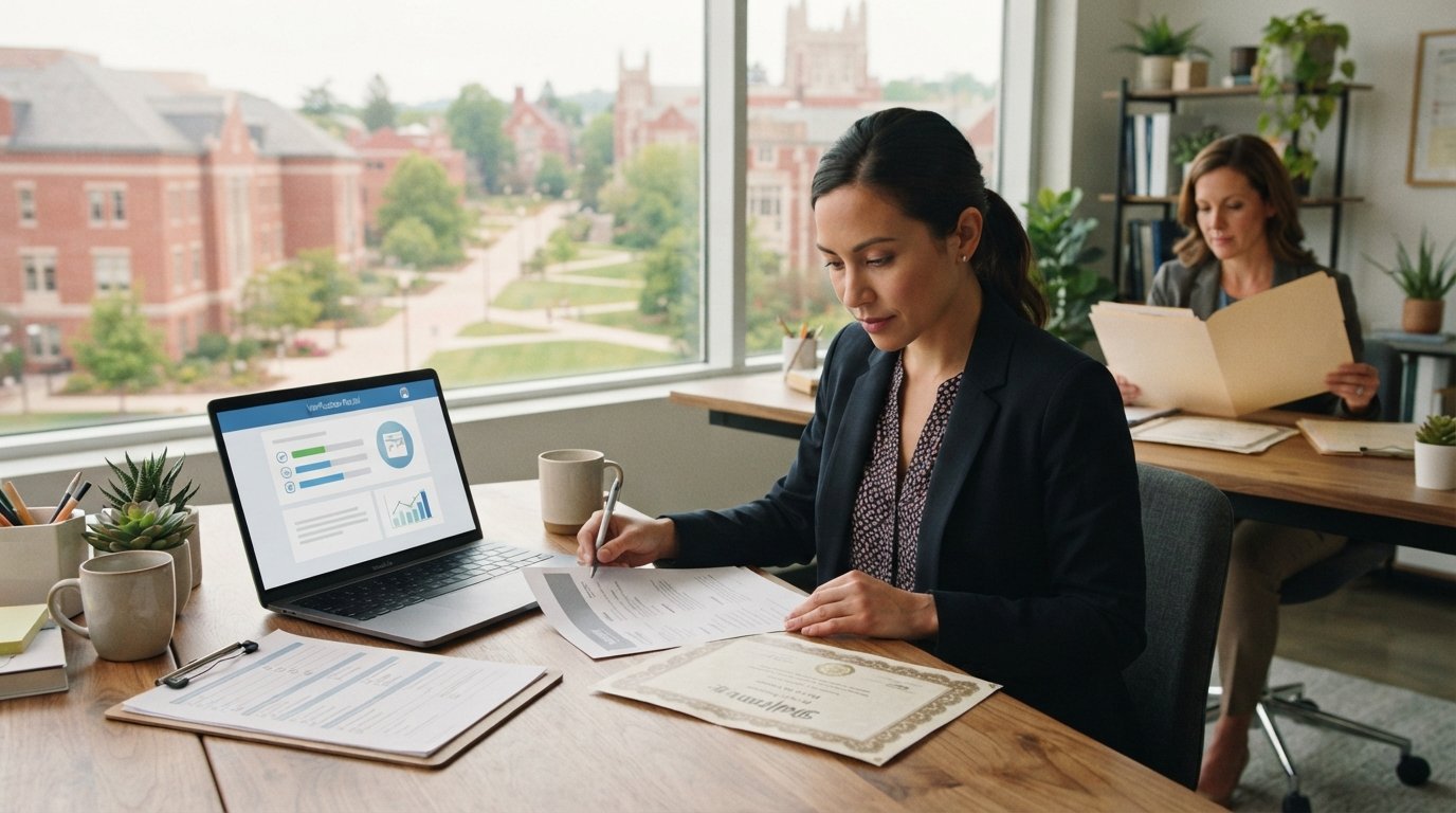 Hiring manager at a wooden desk reviewing a resume and diploma, with a laptop showing a verification portal and a colleague…