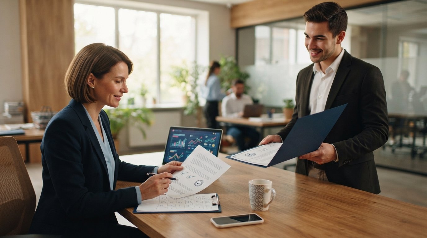 Hiring manager in a navy blazer reviews an education verification report at a wooden desk while a job candidate holds a…
