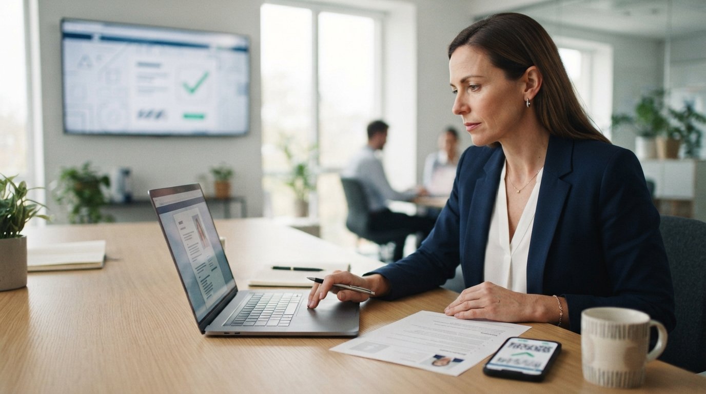 HR manager in navy blazer reviewing a resume and accreditation database on a laptop at a bright office desk