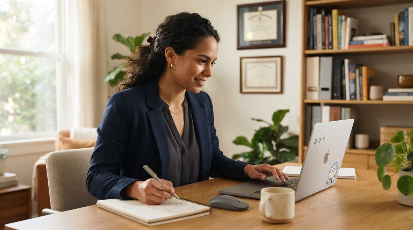 Professional in a navy blazer reviews online coursework on a laptop at a home desk with notebooks, a coffee mug, a…