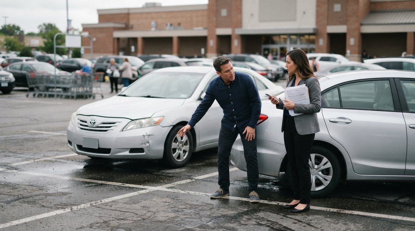 Two drivers stand beside slightly damaged sedans in a grocery store parking lot as one examines a dented rear bumper and…