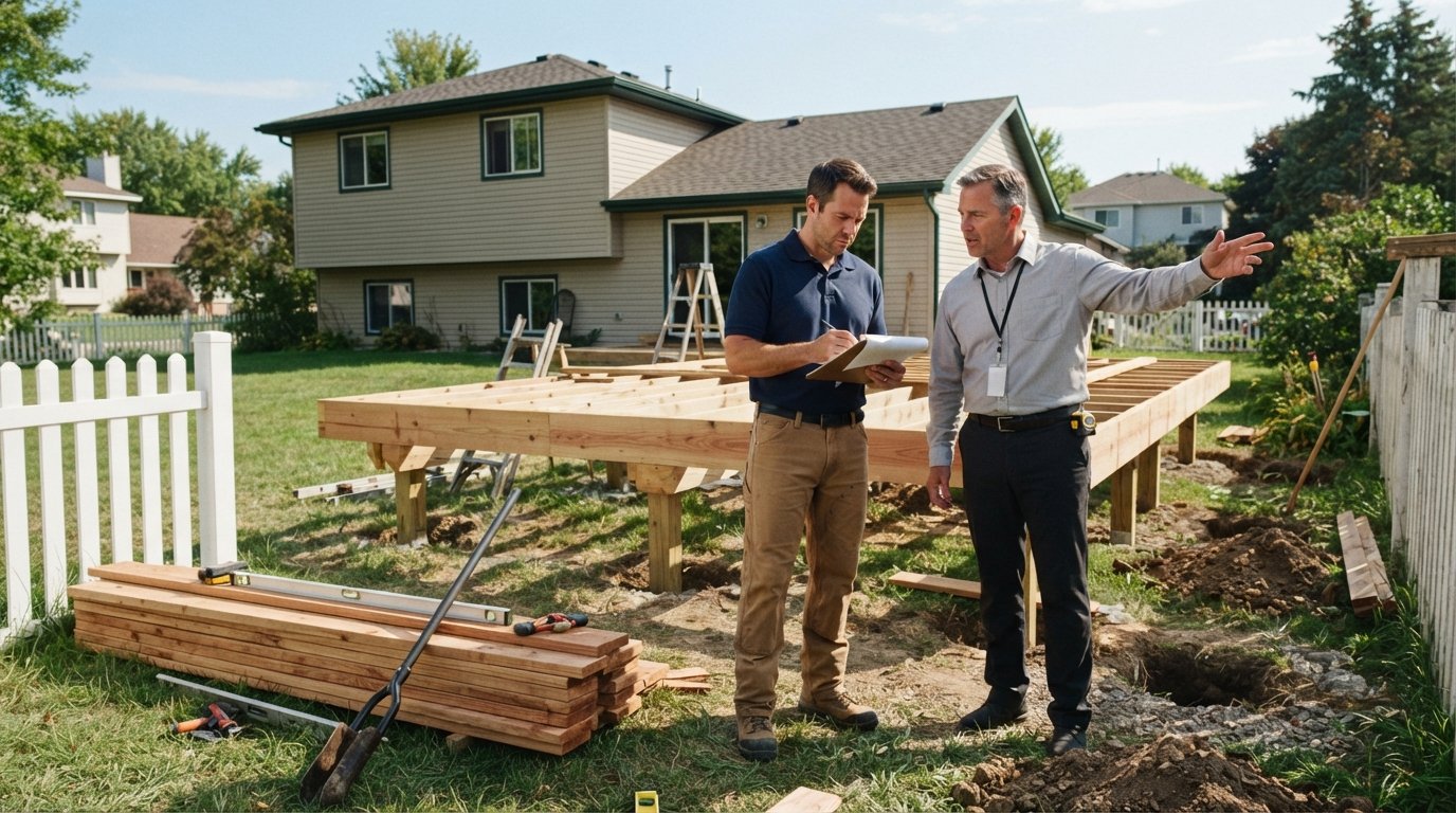 Contractor with clipboard and inspector in a backyard with a partly built wooden deck, post holes, tools, and a white…