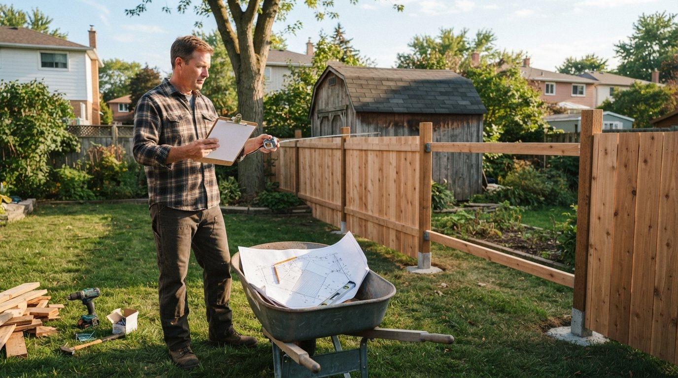 Homeowner in work clothes holds a clipboard and measuring tape beside a half-built cedar privacy fence and small storage…