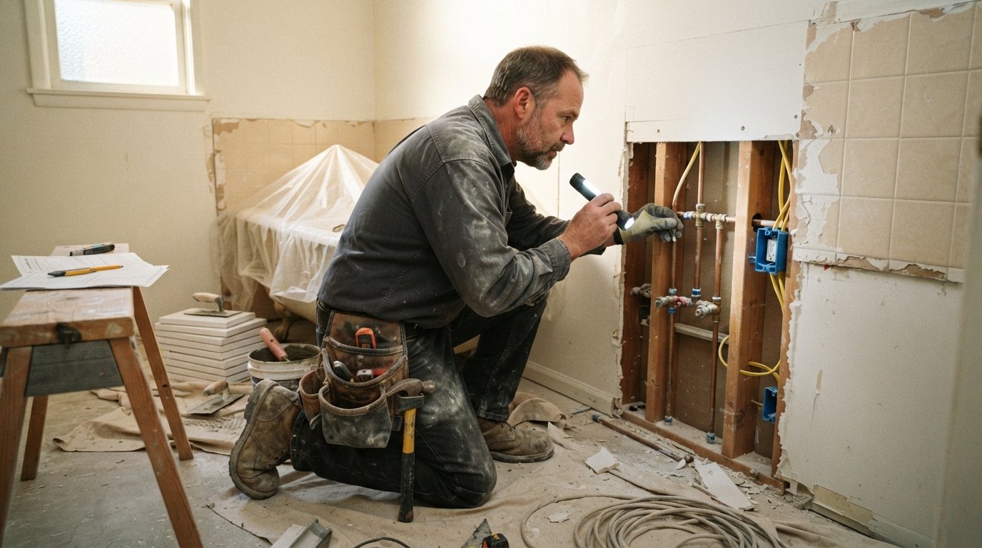 Contractor in a tool belt kneels beside an open wall, inspecting copper pipes and an electrical box in a mid-renovation…