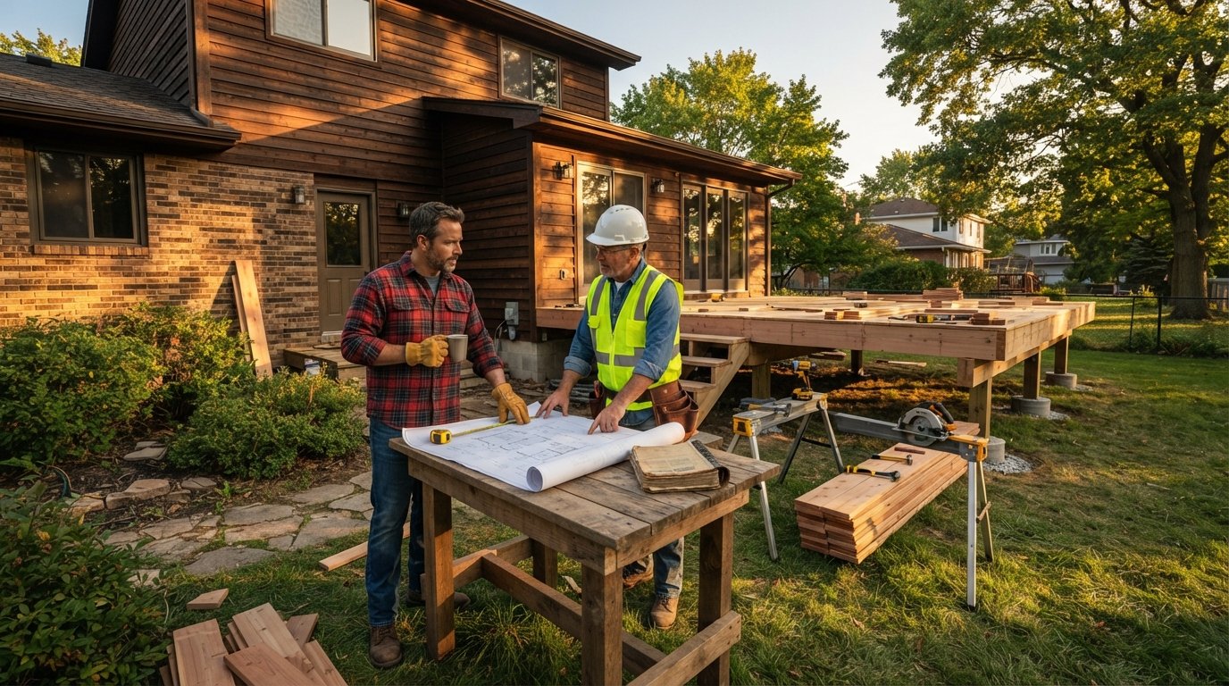Homeowner and contractor in hard hat reviewing a blueprint beside a partially built elevated wooden deck extension at…